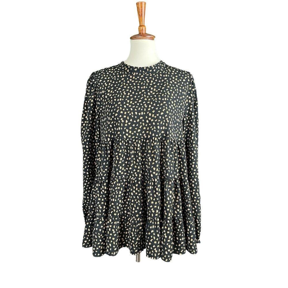 OTT Black Blouse Size Large Smock Style Black Tan Dotted Keyhole Back Boho
